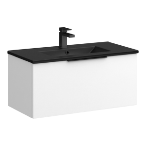 Venice Moderno 800mm White Wall Hung Vanity Unit with Single Drawer, Matt Black Slimline Basin + Handle