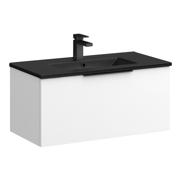 Venice Moderno 800mm White Wall Hung Vanity Unit with Single Drawer, Matt Black Slimline Basin + Handle