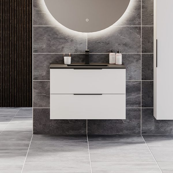 Venice Moderno 800mm White Wall Hung Vanity Unit with 2 Drawer, Matt Black Slimline Basin + Handles - Image 5