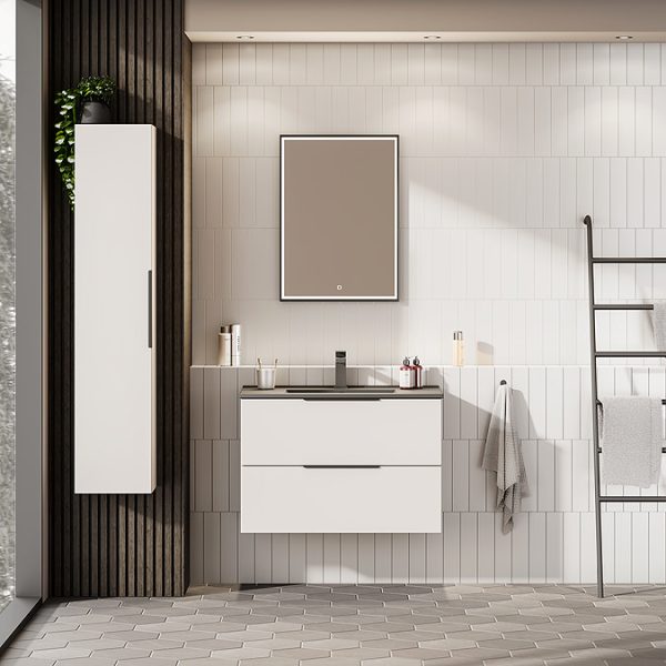 Venice Moderno 800mm White Wall Hung Vanity Unit with 2 Drawer, Matt Black Slimline Basin + Handles - Image 2
