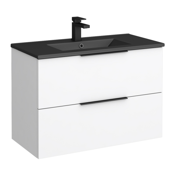 Venice Moderno 800mm White Wall Hung Vanity Unit with 2 Drawer, Matt Black Slimline Basin + Handles