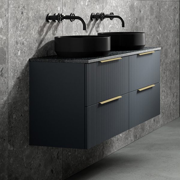 Venice Fluted Satin Anthracite Wall Hung Double Countertop Vanity Unit incl. 2 Matt Black Basins (1200mm w. Brushed Brass Handles) - Image 2