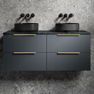 Venice Fluted Satin Anthracite Wall Hung Double Countertop Vanity Unit incl. 2 Matt Black Basins (1200mm w. Brushed Brass Handles)