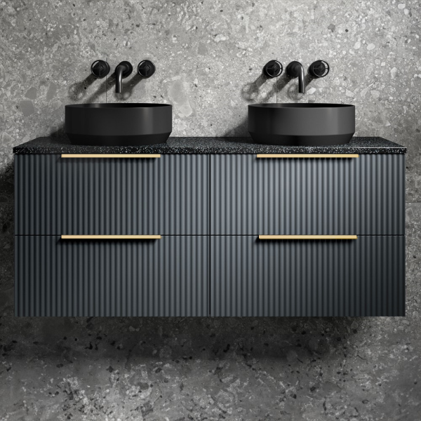 Venice Fluted Satin Anthracite Wall Hung Double Countertop Vanity Unit incl. 2 Matt Black Basins (1200mm w. Brushed Brass Handles)
