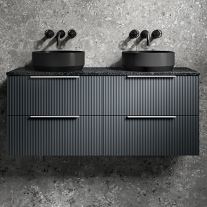 Venice Fluted Satin Anthracite Wall Hung Double Countertop Vanity Unit incl. 2 Matt Black Basins (1200mm w. Chrome Handles)