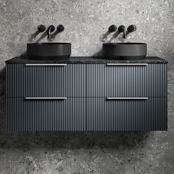 Venice Fluted Satin Anthracite Wall Hung Double Countertop Vanity Unit incl. 2 Matt Black Basins (1200mm w. Chrome Handles)