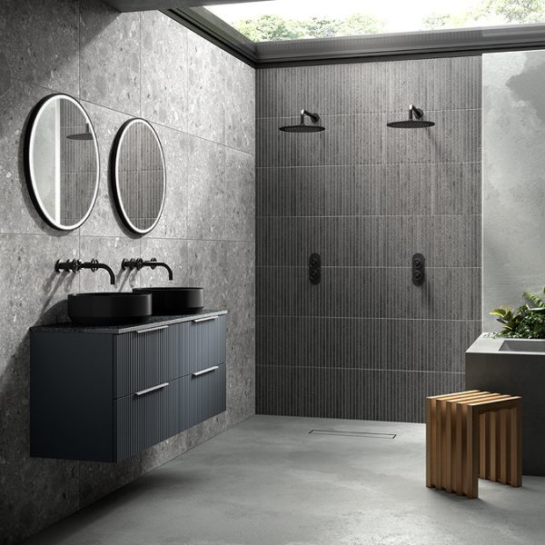 Venice Fluted Satin Anthracite Wall Hung Double Countertop Vanity Unit incl. 2 Matt Black Basins (1200mm w. Chrome Handles) - Image 8