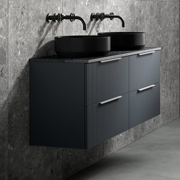 Venice Fluted Satin Anthracite Wall Hung Double Countertop Vanity Unit incl. 2 Matt Black Basins (1200mm w. Chrome Handles) - Image 2
