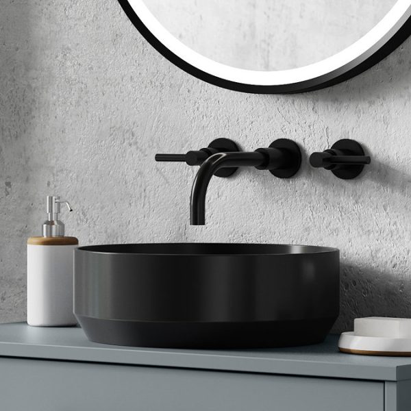 Venice Fluted Satin Anthracite Wall Hung 2 Drawer Countertop Vanity Unit incl. Matt Black Basin (600mm w. Matt Black Handles) - Image 4