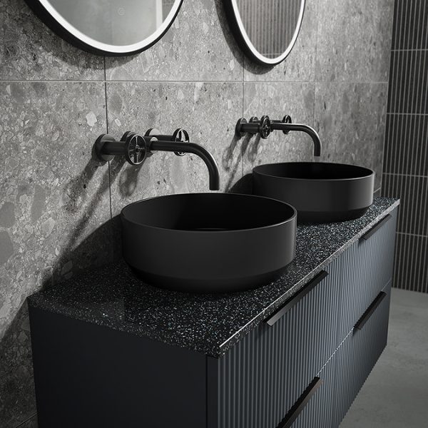 Venice Fluted Satin Anthracite Wall Hung Double Countertop Vanity Unit incl. 2 Matt Black Basins (1200mm w. Matt Black Handles) - Image 8
