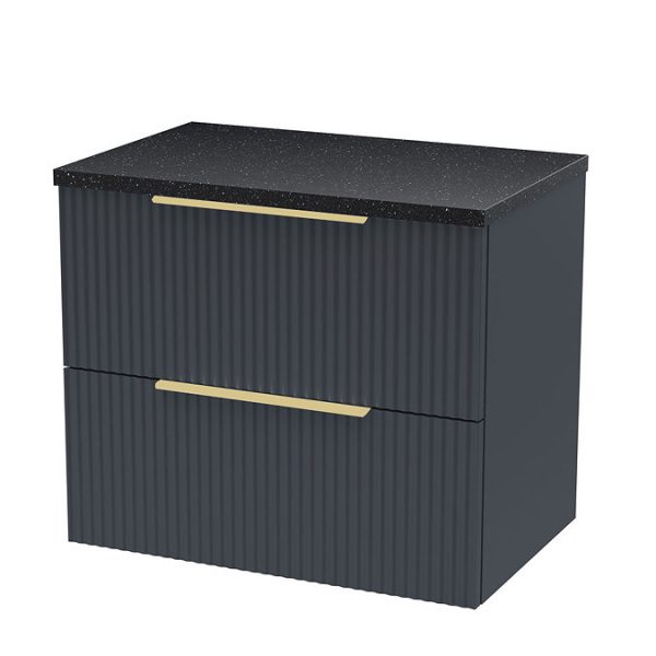 Venice Fluted Satin Anthracite Wall Hung 2 Drawer Countertop Vanity Unit incl. Matt Black Basin (600mm w. Brushed Brass Handles) - Image 7