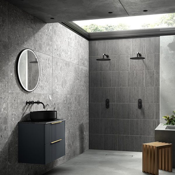 Venice Fluted Satin Anthracite Wall Hung 2 Drawer Countertop Vanity Unit incl. Matt Black Basin (600mm w. Brushed Brass Handles) - Image 2