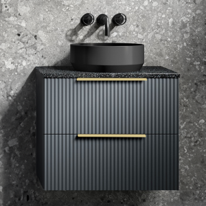 Venice Fluted Satin Anthracite Wall Hung 2 Drawer Countertop Vanity Unit incl. Matt Black Basin (600mm w. Brushed Brass Handles)