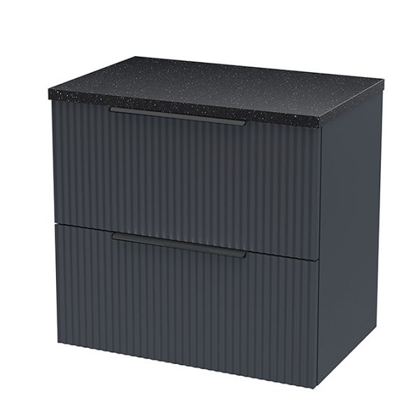 Venice Fluted Satin Anthracite Wall Hung 2 Drawer Countertop Vanity Unit incl. Matt Black Basin (600mm w. Matt Black Handles) - Image 7