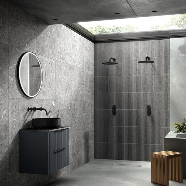 Venice Fluted Satin Anthracite Wall Hung 2 Drawer Countertop Vanity Unit incl. Matt Black Basin (600mm w. Matt Black Handles) - Image 6