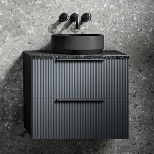 Venice Fluted Satin Anthracite Wall Hung 2 Drawer Countertop Vanity Unit incl. Matt Black Basin (600mm w. Matt Black Handles)