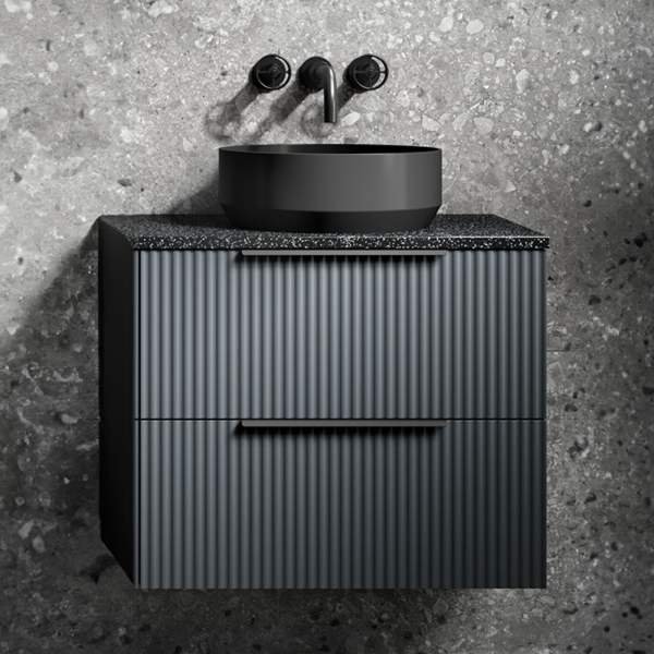 Venice Fluted Satin Anthracite Wall Hung 2 Drawer Countertop Vanity Unit incl. Matt Black Basin (600mm w. Matt Black Handles)