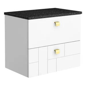 Venice Abstract 600mm White Vanity Unit   Wall Hung 2 Drawer Unit with Black Worktop & Brushed Brass Handles