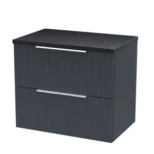Venice Fluted 600mm Anthracite Vanity Unit   Wall Hung 2 Drawer Unit with Black Worktop & Chrome Handles