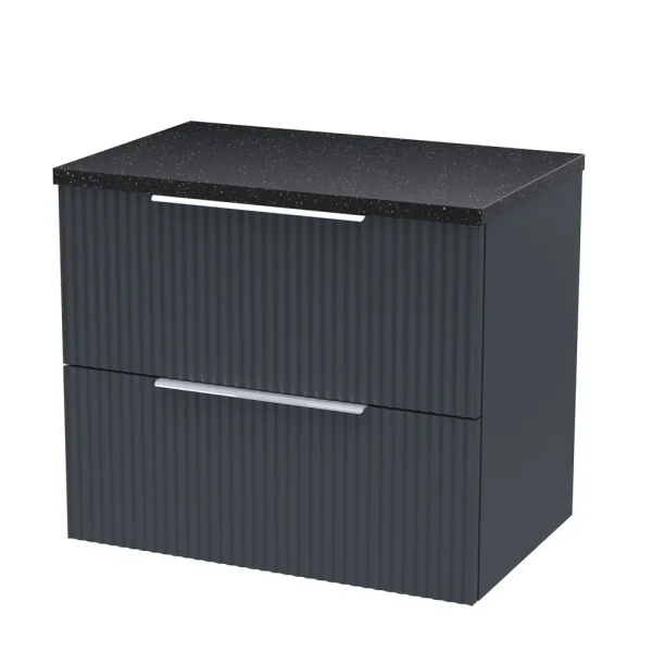 Venice Fluted 600mm Anthracite Vanity Unit   Wall Hung 2 Drawer Unit with Black Worktop & Chrome Handles