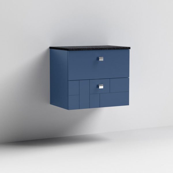 Venice Abstract 600mm Blue Vanity Unit   Wall Hung 2 Drawer Unit with Black Worktop & Chrome Handles - Image 4