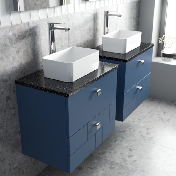 Venice Abstract 600mm Blue Vanity Unit   Wall Hung 2 Drawer Unit with Black Worktop & Chrome Handles - Image 5