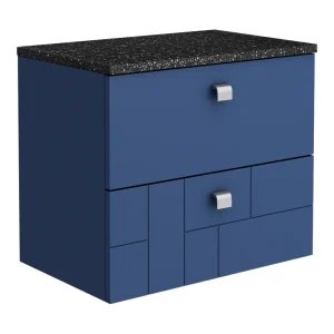 Venice Abstract 600mm Blue Vanity Unit   Wall Hung 2 Drawer Unit with Black Worktop & Chrome Handles