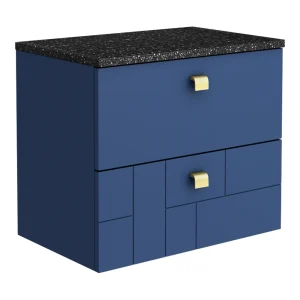 Venice Abstract 600mm Blue Vanity Unit   Wall Hung 2 Drawer Unit with Black Worktop & Brushed Brass Handles