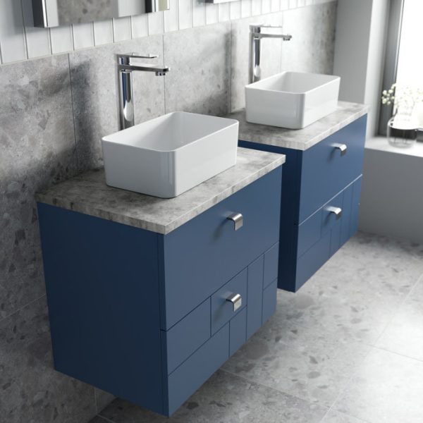 Venice Abstract 600mm Blue Vanity Unit   Wall Hung 2 Drawer Unit with Grey Worktop & Chrome Handles - Image 5