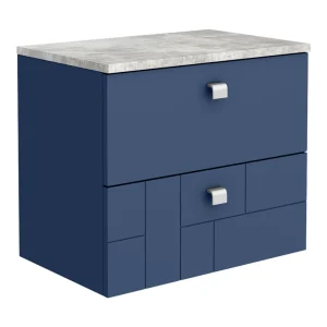 Venice Abstract 600mm Blue Vanity Unit   Wall Hung 2 Drawer Unit with Grey Worktop & Chrome Handles