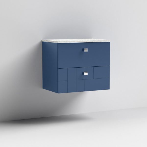 Venice Abstract 600mm Blue Vanity Unit   Wall Hung 2 Drawer Unit with White Worktop & Chrome Handles - Image 4