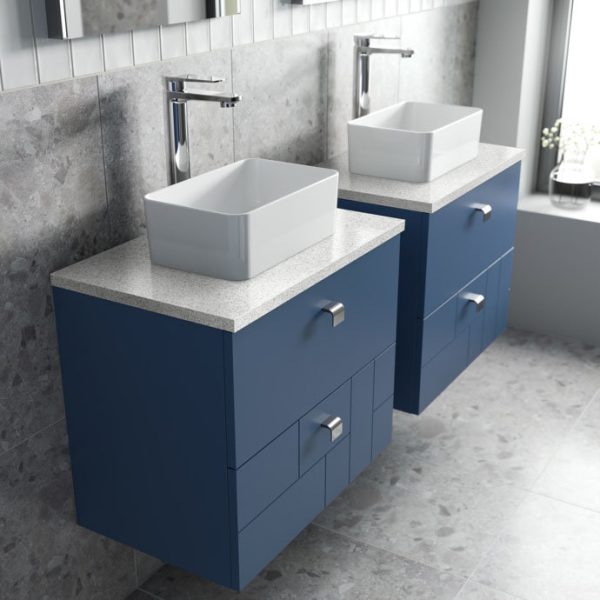 Venice Abstract 600mm Blue Vanity Unit   Wall Hung 2 Drawer Unit with White Worktop & Chrome Handles - Image 5