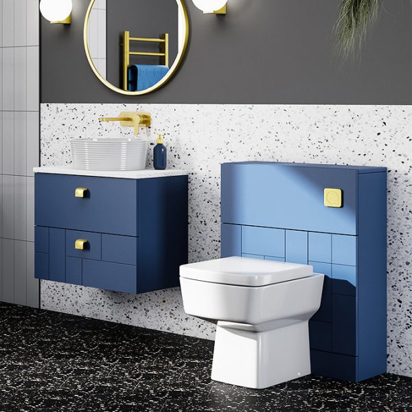 Venice Abstract 600mm Blue Vanity Unit   Wall Hung 2 Drawer Unit with White Worktop & Brushed Brass Handles - Image 6