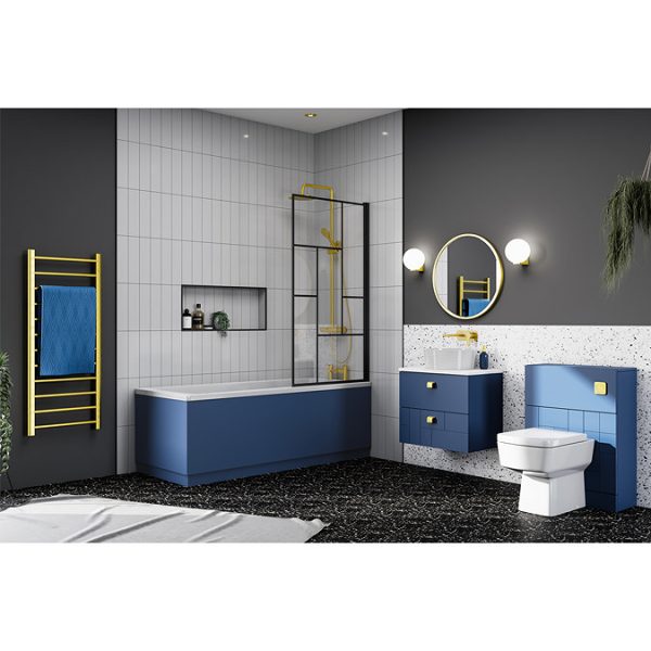 Venice Abstract 600mm Blue Vanity Unit   Wall Hung 2 Drawer Unit with White Worktop & Brushed Brass Handles - Image 3