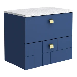 Venice Abstract 600mm Blue Vanity Unit   Wall Hung 2 Drawer Unit with White Worktop & Brushed Brass Handles