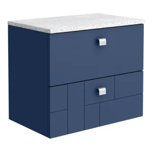 Venice Abstract 600mm Blue Vanity Unit   Wall Hung 2 Drawer Unit with White Worktop & Chrome Handles