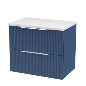 Venice Fluted 600mm Blue Vanity Unit   Wall Hung 2 Drawer Unit with White Worktop & Chrome Handles