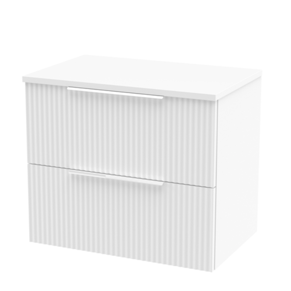 Venice Fluted 600mm White Vanity Unit   Wall Hung 2 Drawer Unit with Worktop & Chrome Handles VWH6STWWHSWT