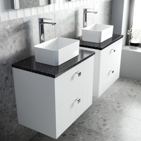 Venice Abstract 600mm White Vanity Unit   Wall Hung 2 Drawer Unit with Black Worktop & Chrome Handles - Image 5