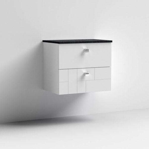 Venice Abstract 600mm White Vanity Unit   Wall Hung 2 Drawer Unit with Black Worktop & Chrome Handles - Image 4