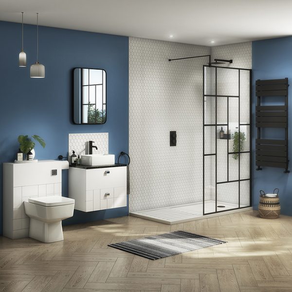 Venice Abstract 600mm White Vanity Unit   Wall Hung 2 Drawer Unit with Black Worktop & Chrome Handles - Image 2