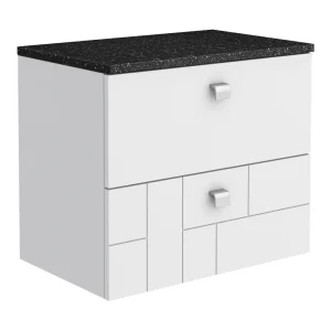Venice Abstract 600mm White Vanity Unit   Wall Hung 2 Drawer Unit with Black Worktop & Chrome Handles