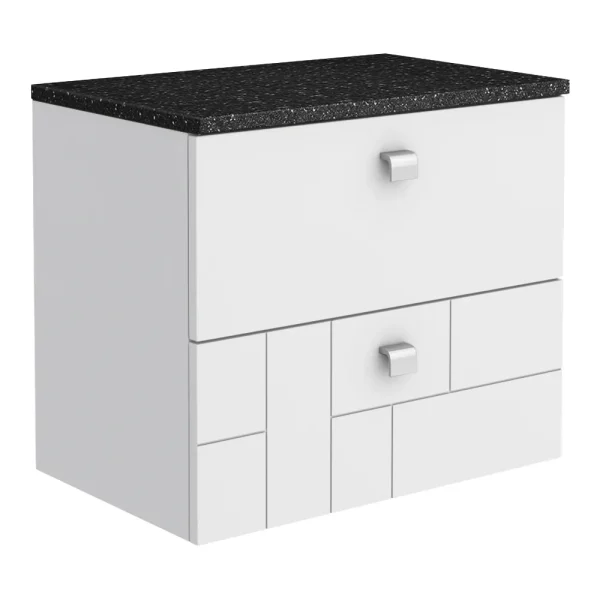 Venice Abstract 600mm White Vanity Unit   Wall Hung 2 Drawer Unit with Black Worktop & Chrome Handles