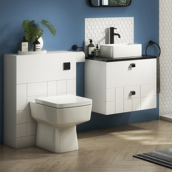 Venice Abstract 600mm White Vanity   Wall Hung 2 Drawer Unit with Black Worktop & Matt Black Handles - Image 6