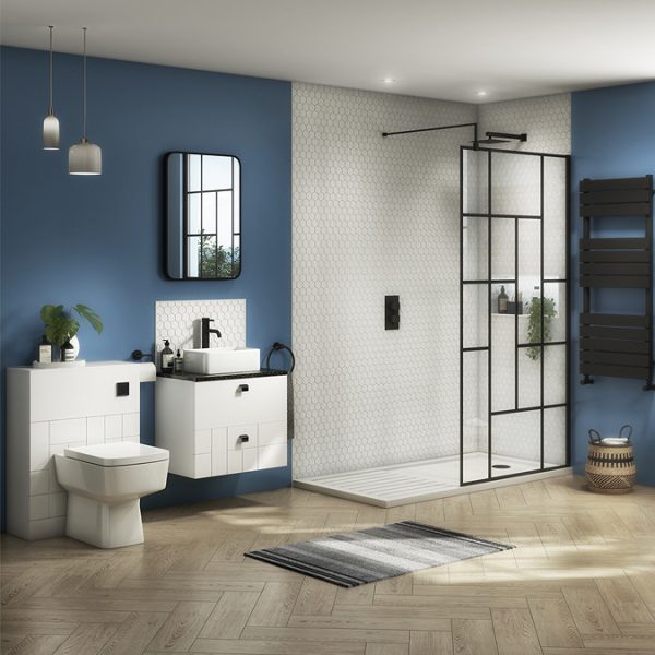 Venice Abstract 600mm White Vanity   Wall Hung 2 Drawer Unit with Black Worktop & Matt Black Handles - Image 2