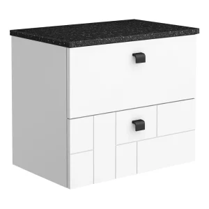 Venice Abstract 600mm White Vanity   Wall Hung 2 Drawer Unit with Black Worktop & Matt Black Handles