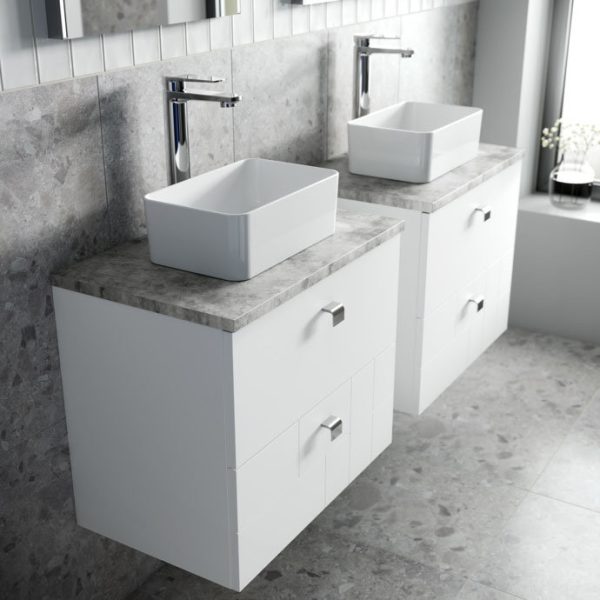 Venice Abstract 600mm White Vanity Unit   Wall Hung 2 Drawer Unit with Grey Worktop & Chrome Handles - Image 5