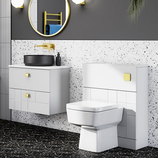 Venice Abstract 600mm White Vanity Unit   Wall Hung 2 Drawer Unit with White Worktop & Brushed Brass Handles - Image 2