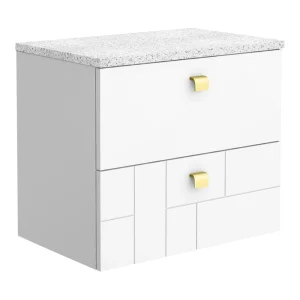 Venice Abstract 600mm White Vanity Unit   Wall Hung 2 Drawer Unit with White Worktop & Brushed Brass Handles