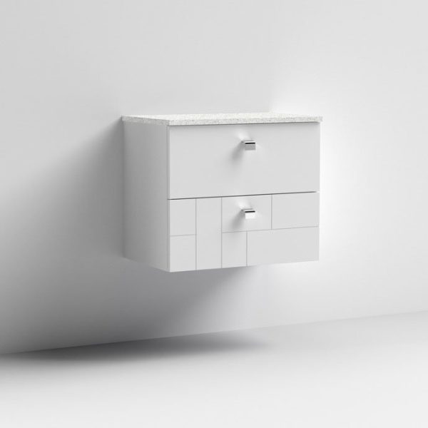 Venice Abstract 600mm White Vanity Unit   Wall Hung 2 Drawer Unit with White Worktop & Chrome Handles - Image 4